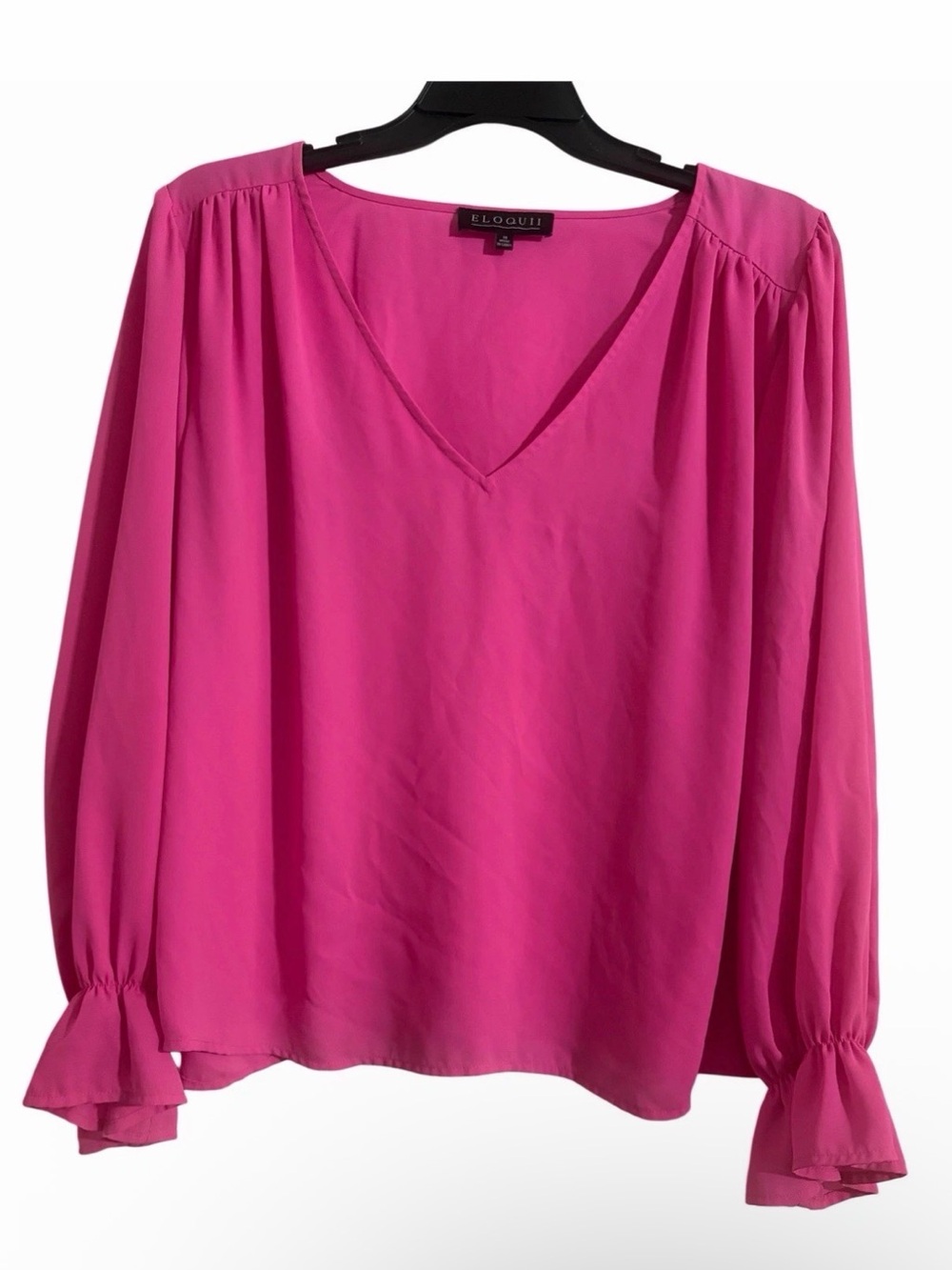 ELOQUII Plus Size 18 Hot Pink LS V Neck Blouse Ruffled Cuffs Gathered Shoulders